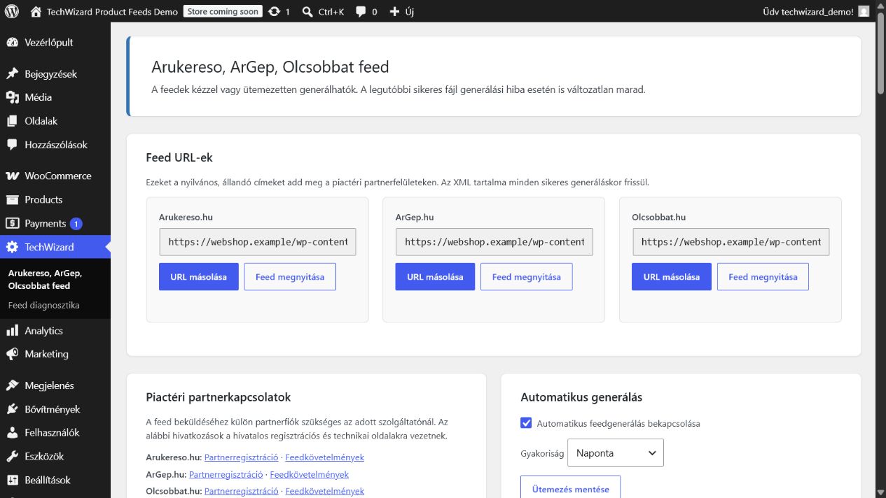 TechWizard Product Feeds adminoldal stabil feed URL-ekkel