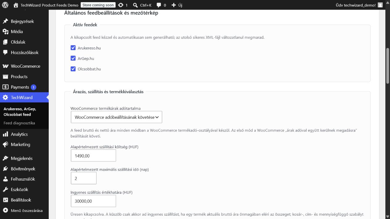 WooCommerce termékfeed mező- és exportbeállítások