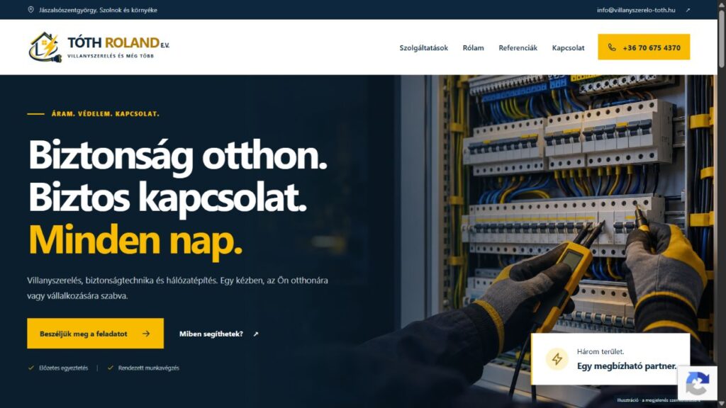 Tóth Roland villanyszerelő weboldalának főoldala asztali nézetben